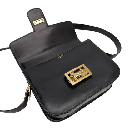 Celine Leather Carriage Logo Gold Shoulder Bag Dark Brown — view 7