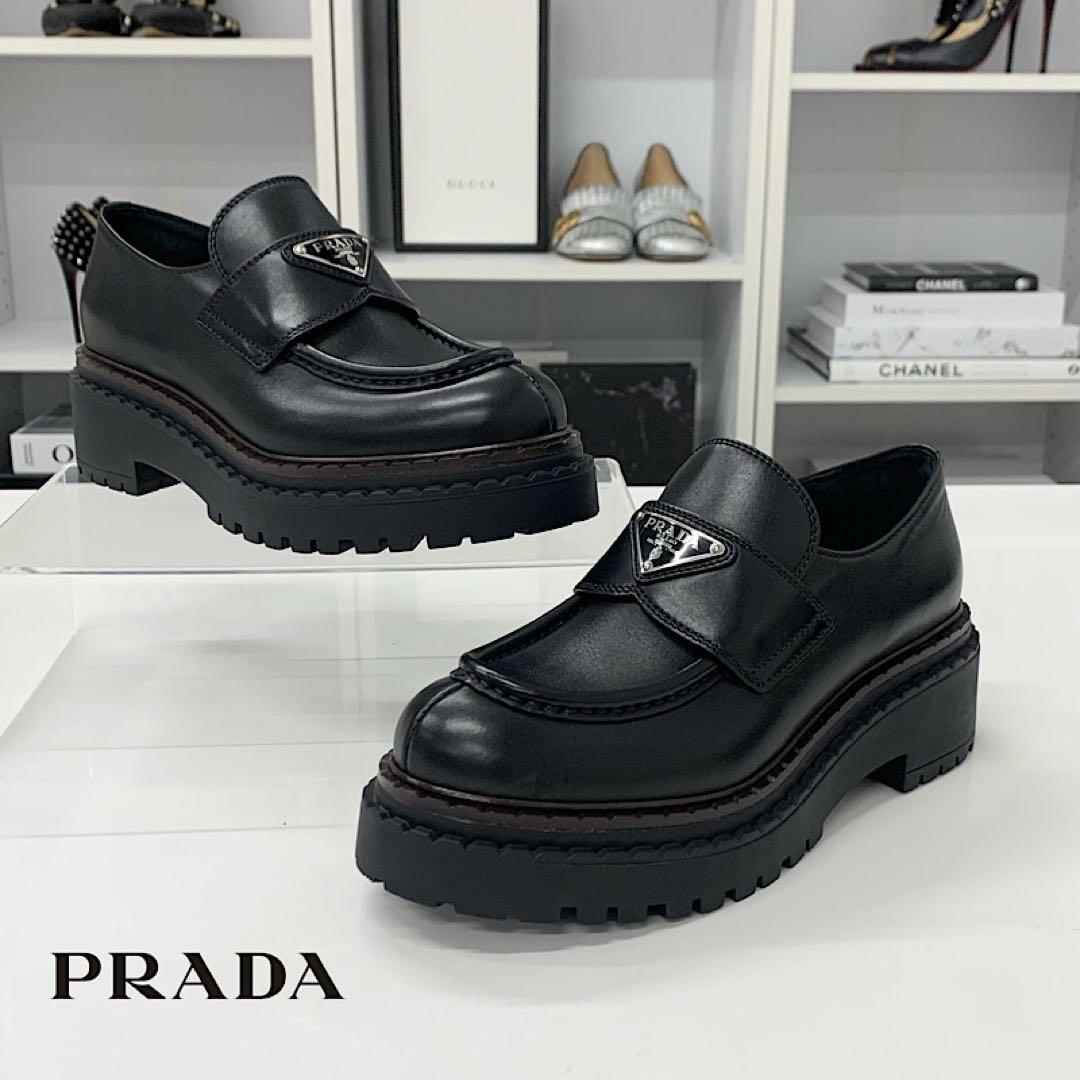 Prada Double Chocolate Triangle Logo Leather Loafers Black