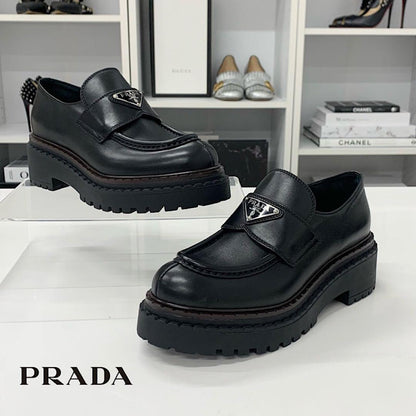 Prada Double Chocolate Triangle Logo Leather Loafers Black