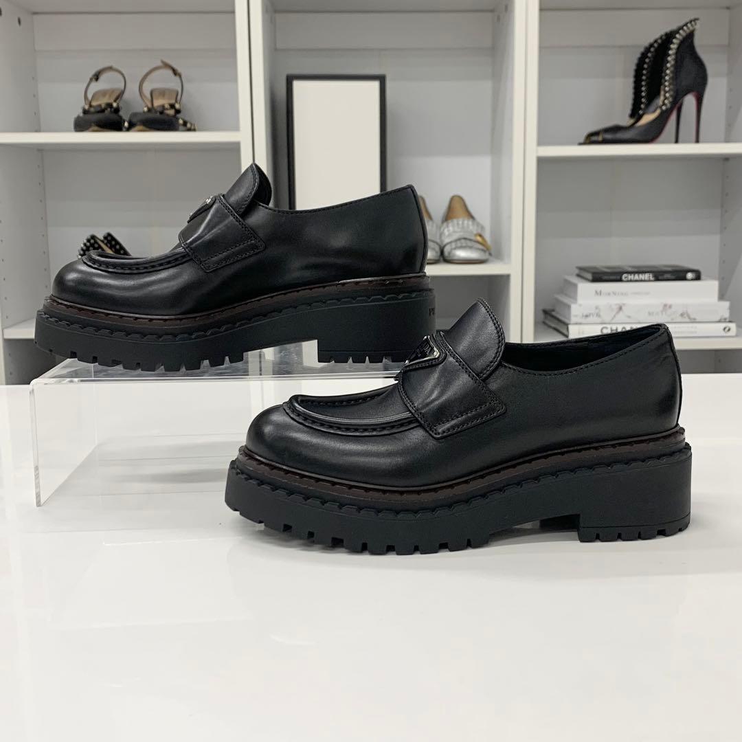 Prada Double Chocolate Triangle Logo Leather Loafers Black — view 2