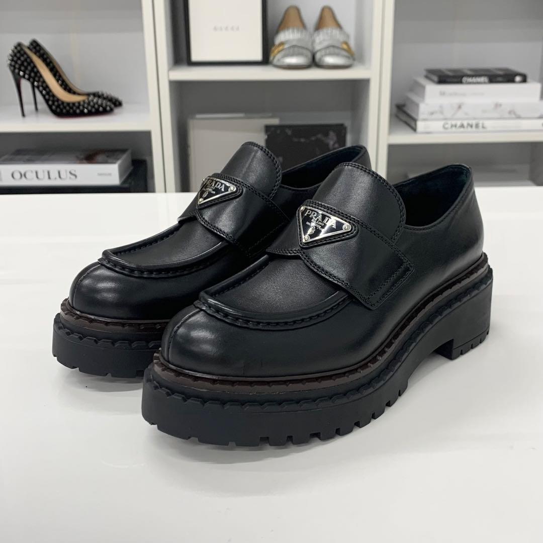 Prada Double Chocolate Triangle Logo Leather Loafers Black — view 3