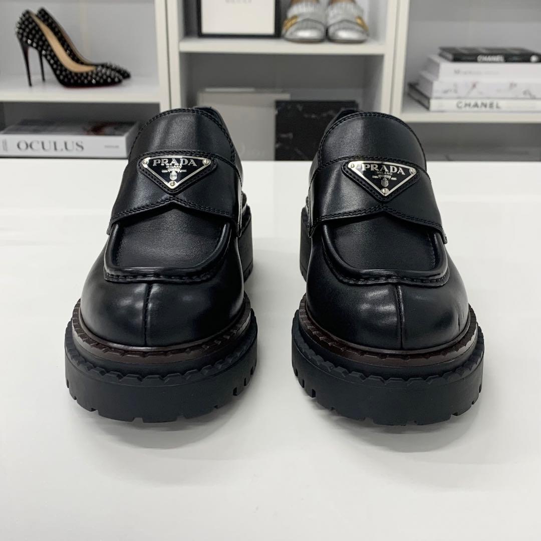 Prada Double Chocolate Triangle Logo Leather Loafers Black — view 4