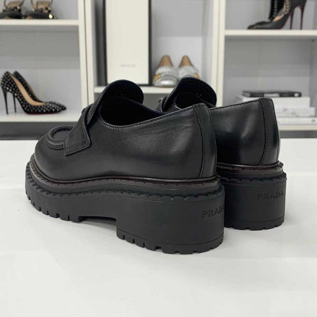 Prada Double Chocolate Triangle Logo Leather Loafers Black — view 5