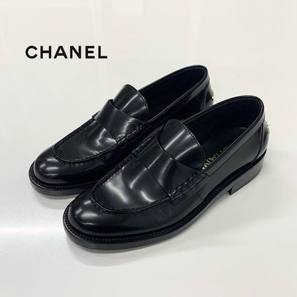 Chanel Logo Leather Loafers Black