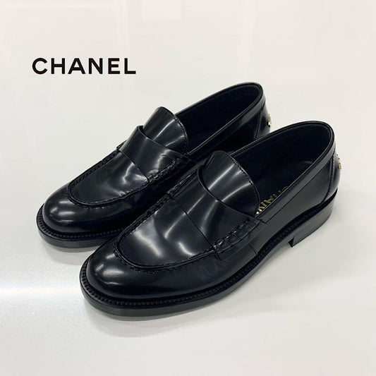 Chanel Logo Leather Loafers Black