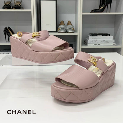 Chanel CC Logo Quilted Leather Wedge Sole Sandals