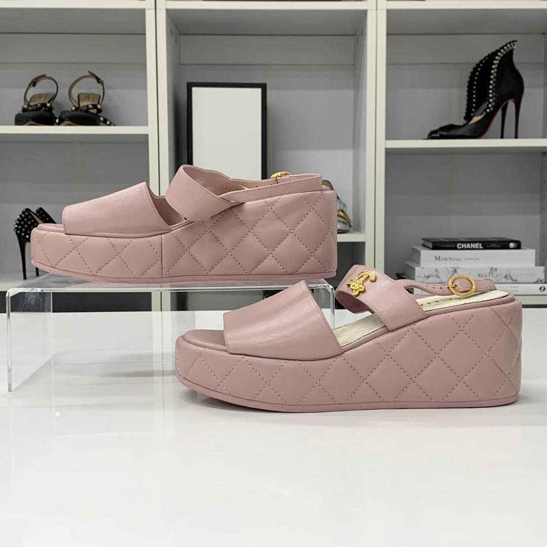 Chanel CC Logo Quilted Leather Wedge Sole Sandals — view 2
