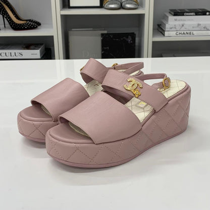 Chanel CC Logo Quilted Leather Wedge Sole Sandals — view 3