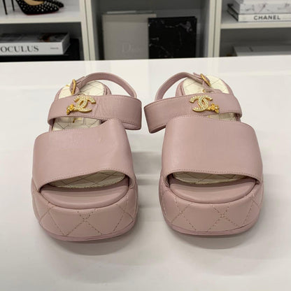Chanel CC Logo Quilted Leather Wedge Sole Sandals — view 4