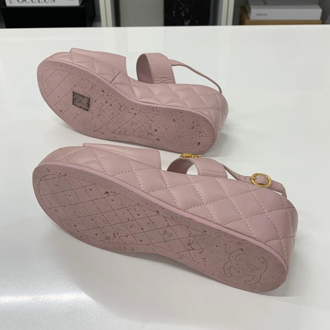 Chanel CC Logo Quilted Leather Wedge Sole Sandals — view 7