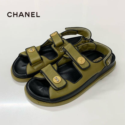 Chanel Leather CC Logo Clover Rhinestone Sandals