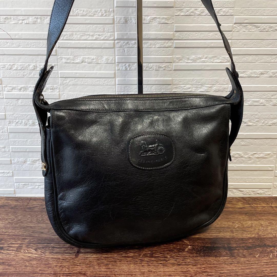 Celine Leather Triomphe Logo Vintage Shoulder Bag Black