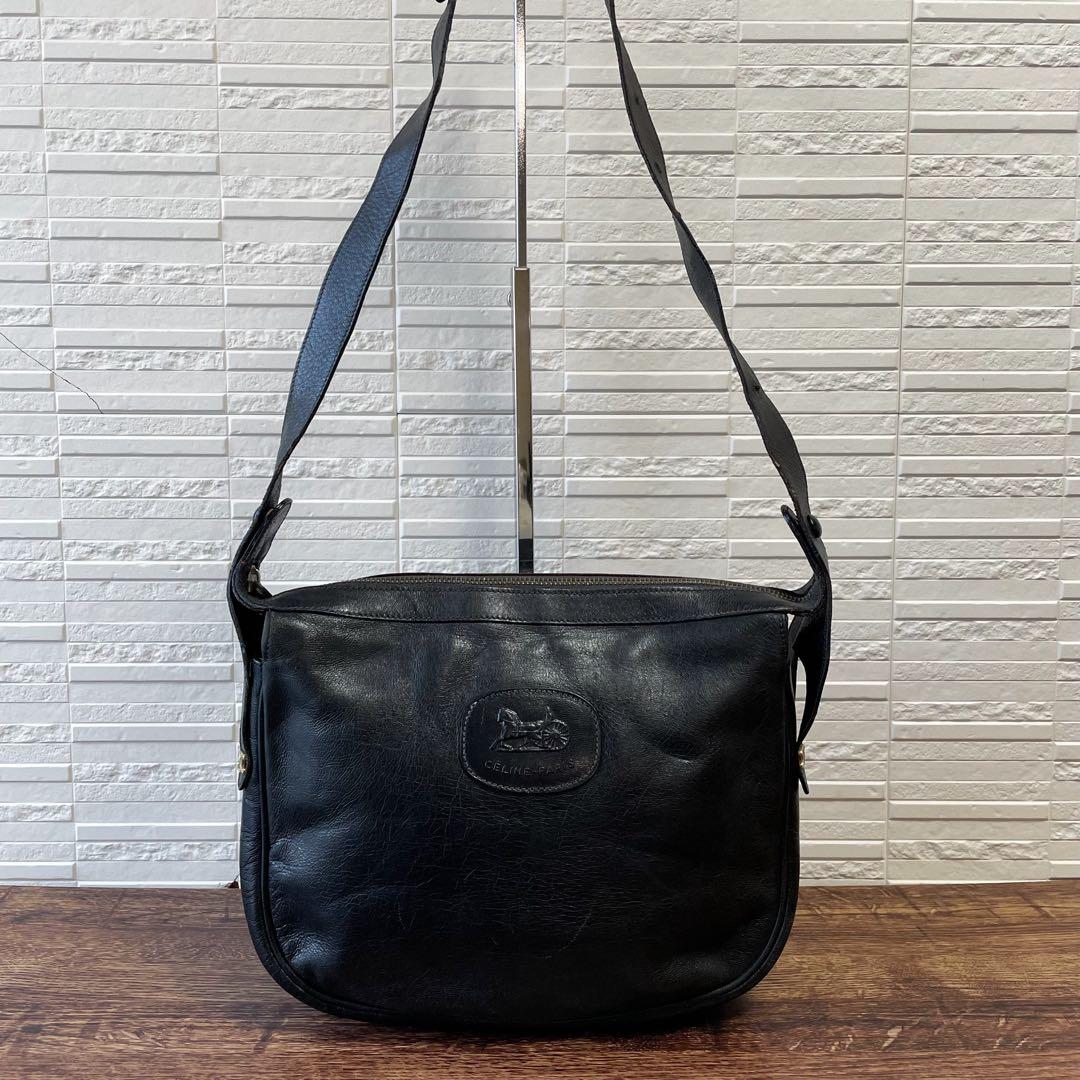 Celine Leather Triomphe Logo Vintage Shoulder Bag Black — view 2