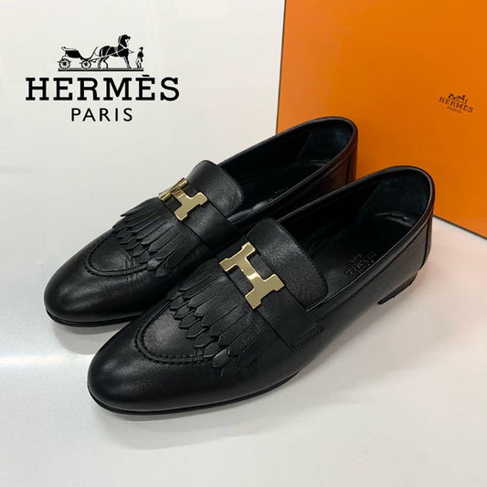 Hermes Royale Leather Fringe Loafers Black