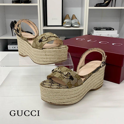 Gucci Canvas GG Logo Horsebit Platform Sandals