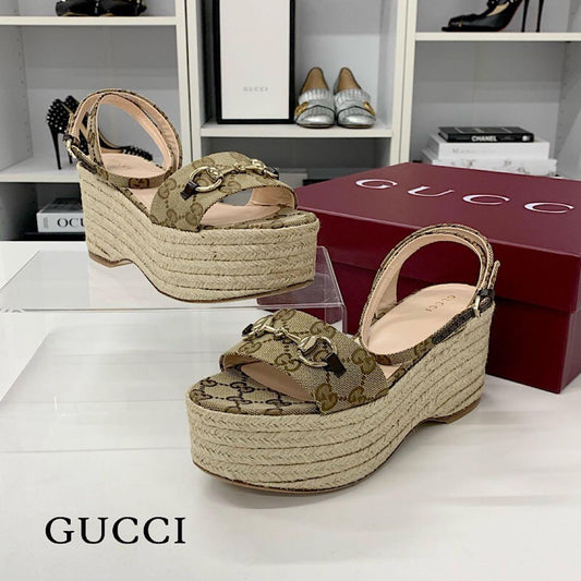 Gucci Canvas GG Logo Horsebit Platform Sandals