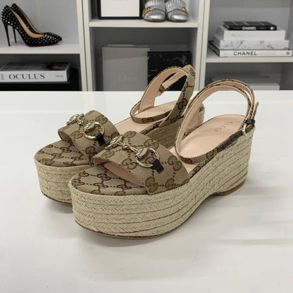 Gucci Canvas GG Logo Horsebit Platform Sandals — view 3