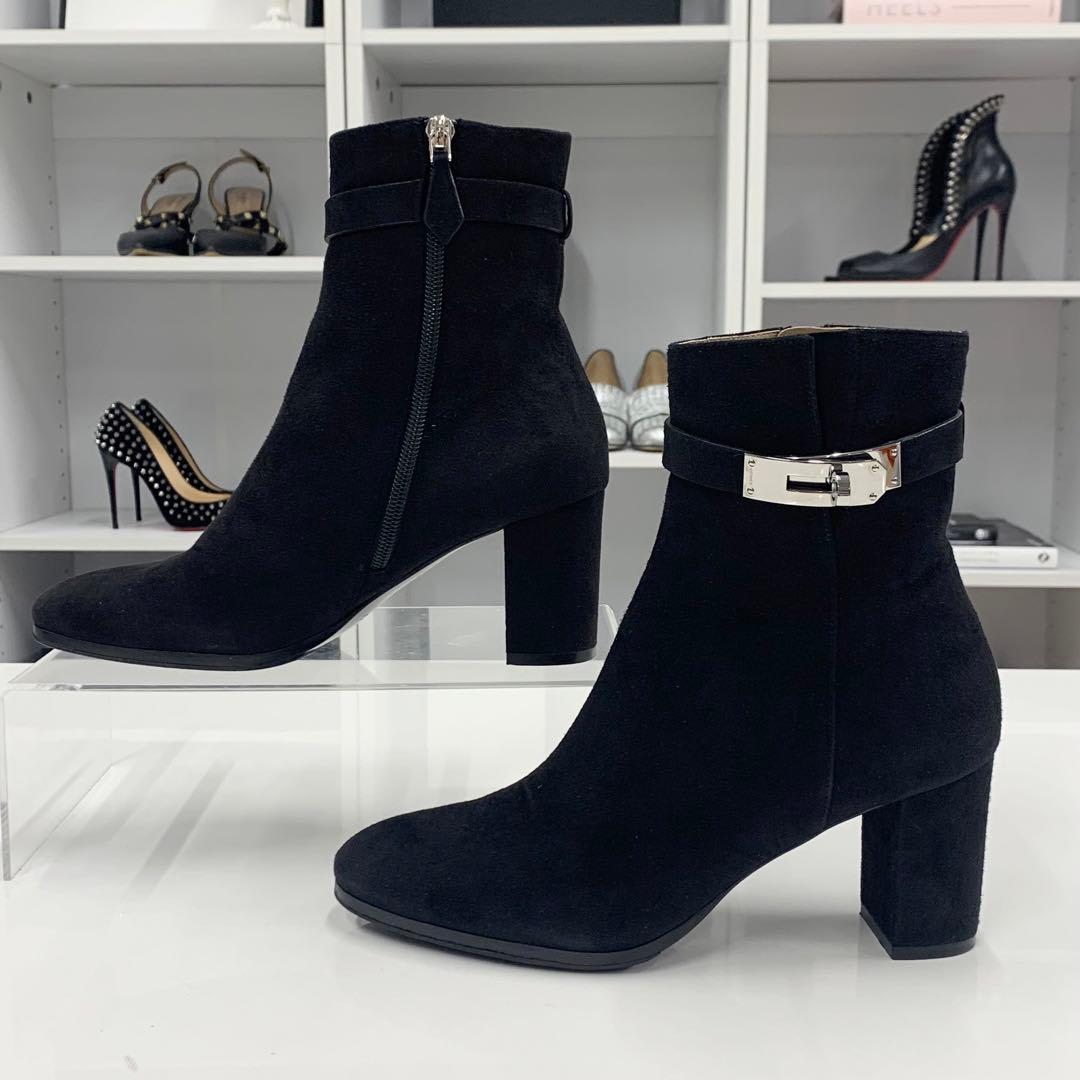 Hermes Saint Germain Kelly Hardware Suede Short Boots Black