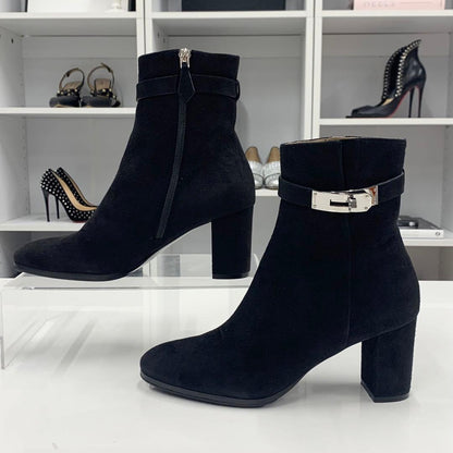 Hermes Saint Germain Kelly Hardware Suede Short Boots Black