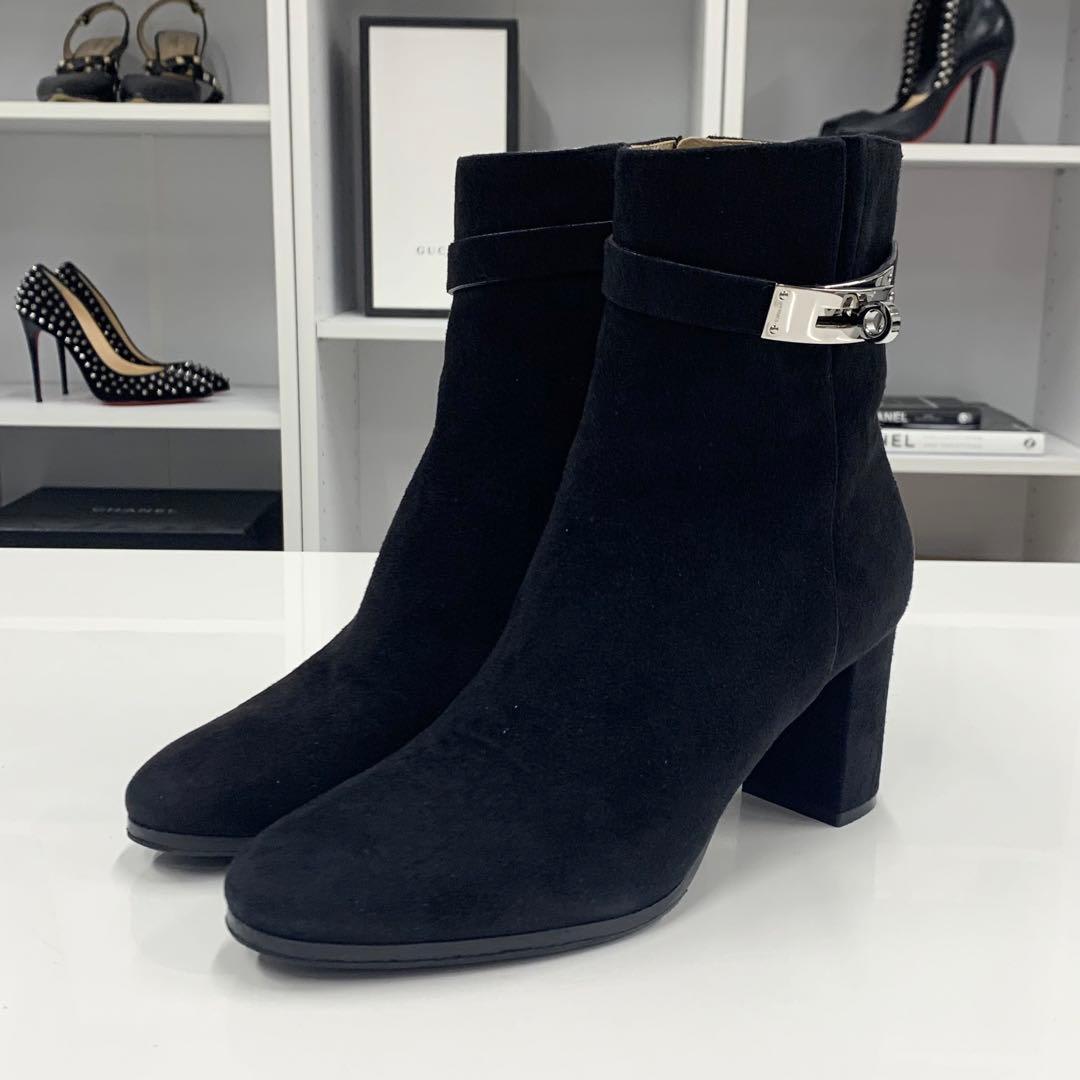 Hermes Saint Germain Kelly Hardware Suede Short Boots Black