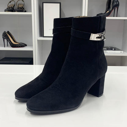 Hermes Saint Germain Kelly Hardware Suede Short Boots Black