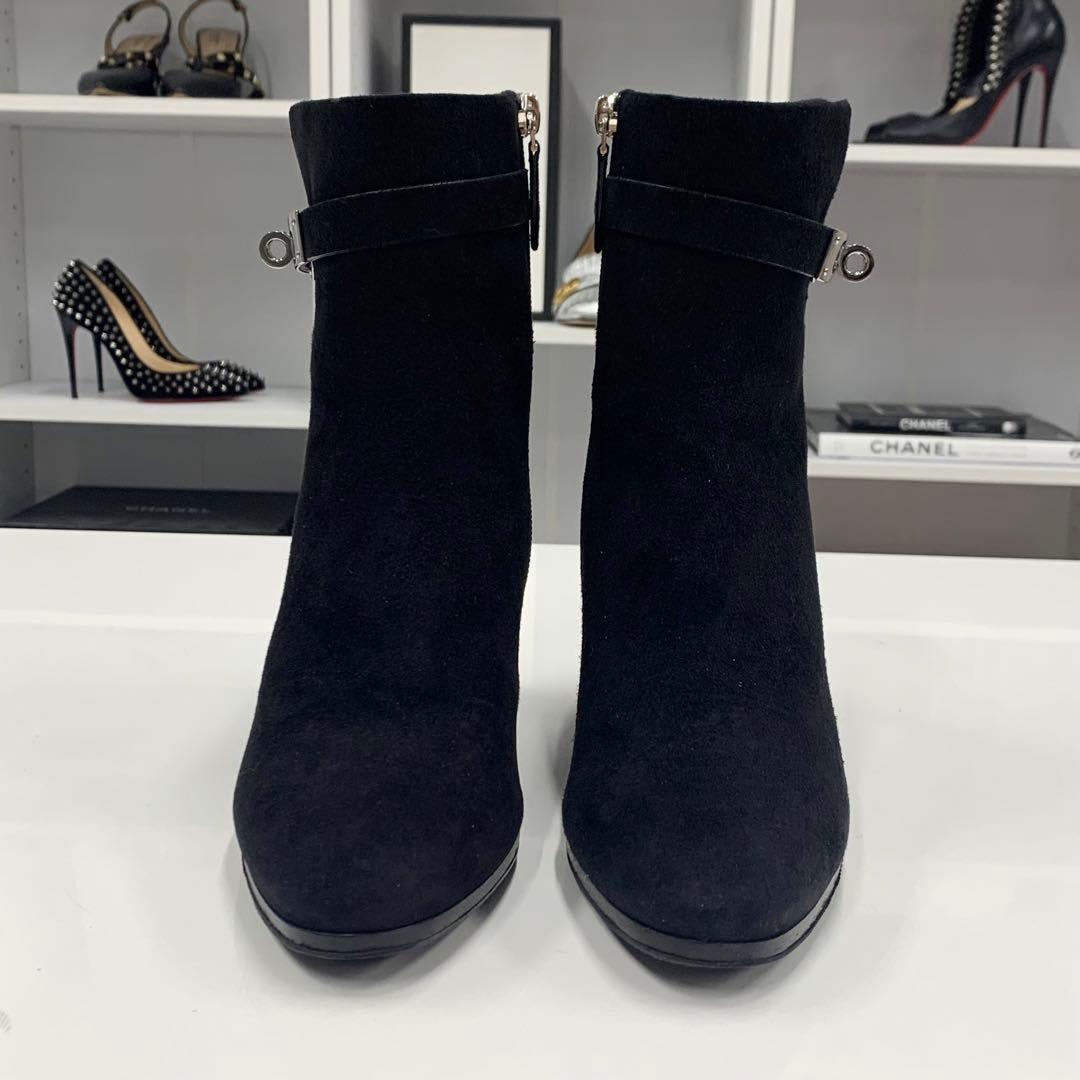 Hermes Saint Germain Kelly Hardware Suede Short Boots Black