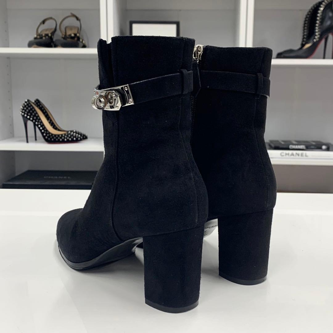 Hermes Saint Germain Kelly Hardware Suede Short Boots Black