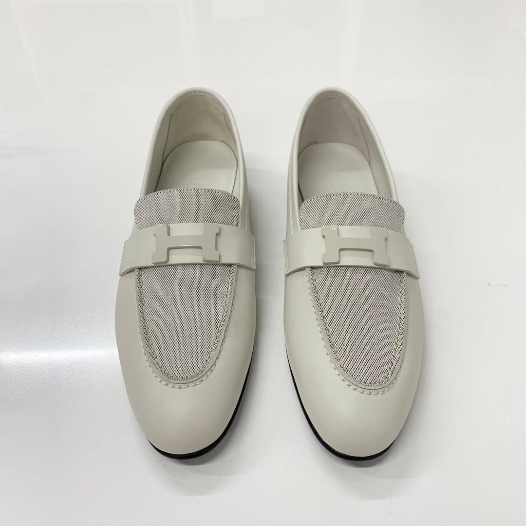 Hermes Paris Leather Canvas Loafers Ivory — view 2