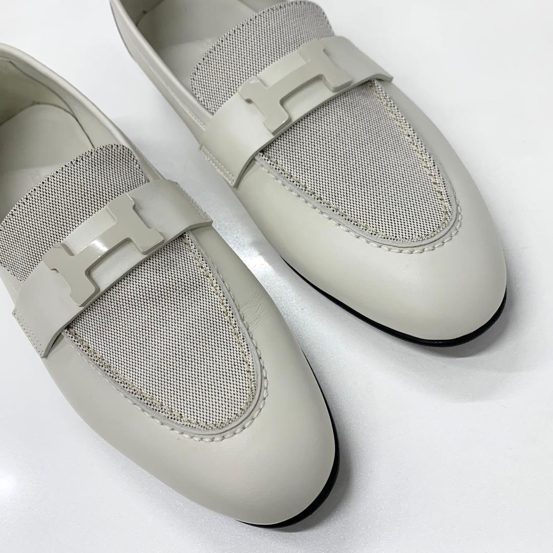 Hermes Paris Leather Canvas Loafers Ivory — view 9