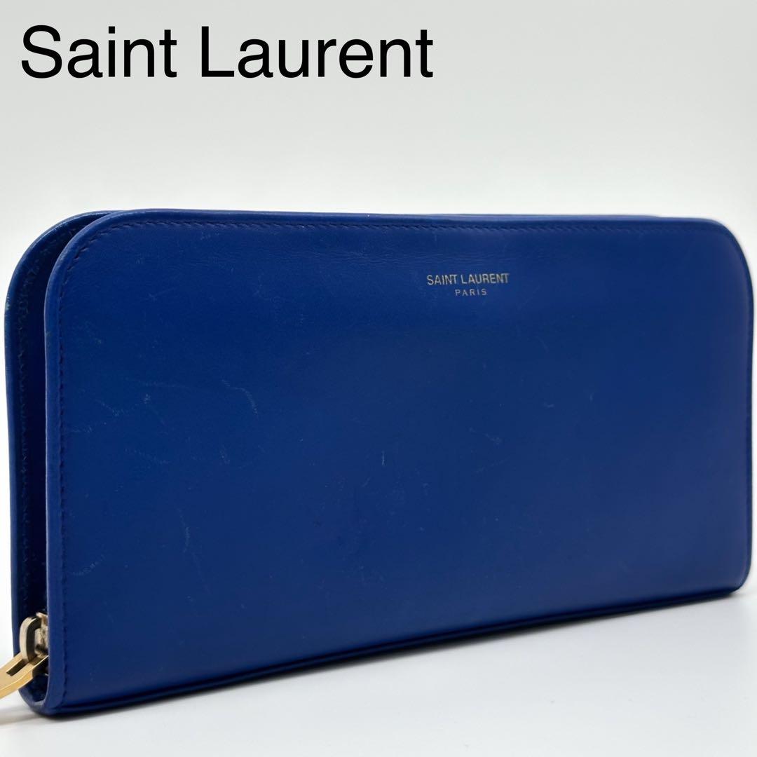Saint Laurent Zip Around Wallet Blue Leather Full