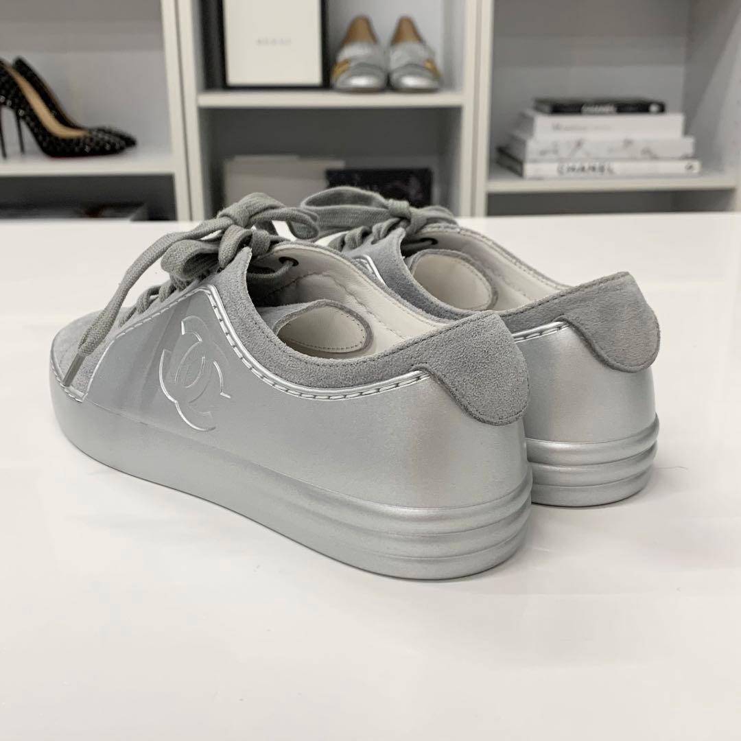 Chanel CC Logo Suede Leather Sneakers Gray Silver — view 4