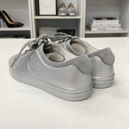 Chanel CC Logo Suede Leather Sneakers Gray Silver — view 4