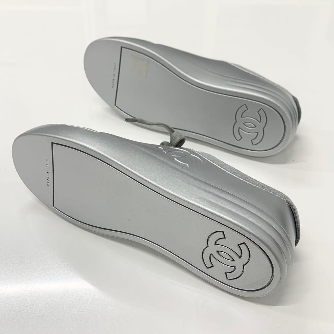 Chanel CC Logo Suede Leather Sneakers Gray Silver — view 6