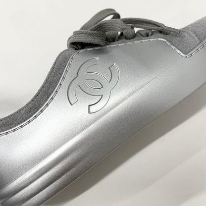 Chanel CC Logo Suede Leather Sneakers Gray Silver — view 9