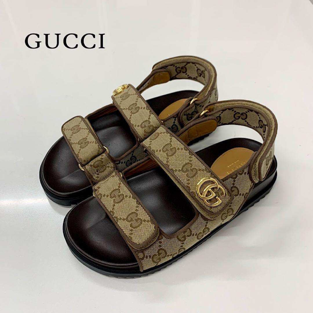 Gucci GG Marmont Canvas Double Strap Sandals Beige