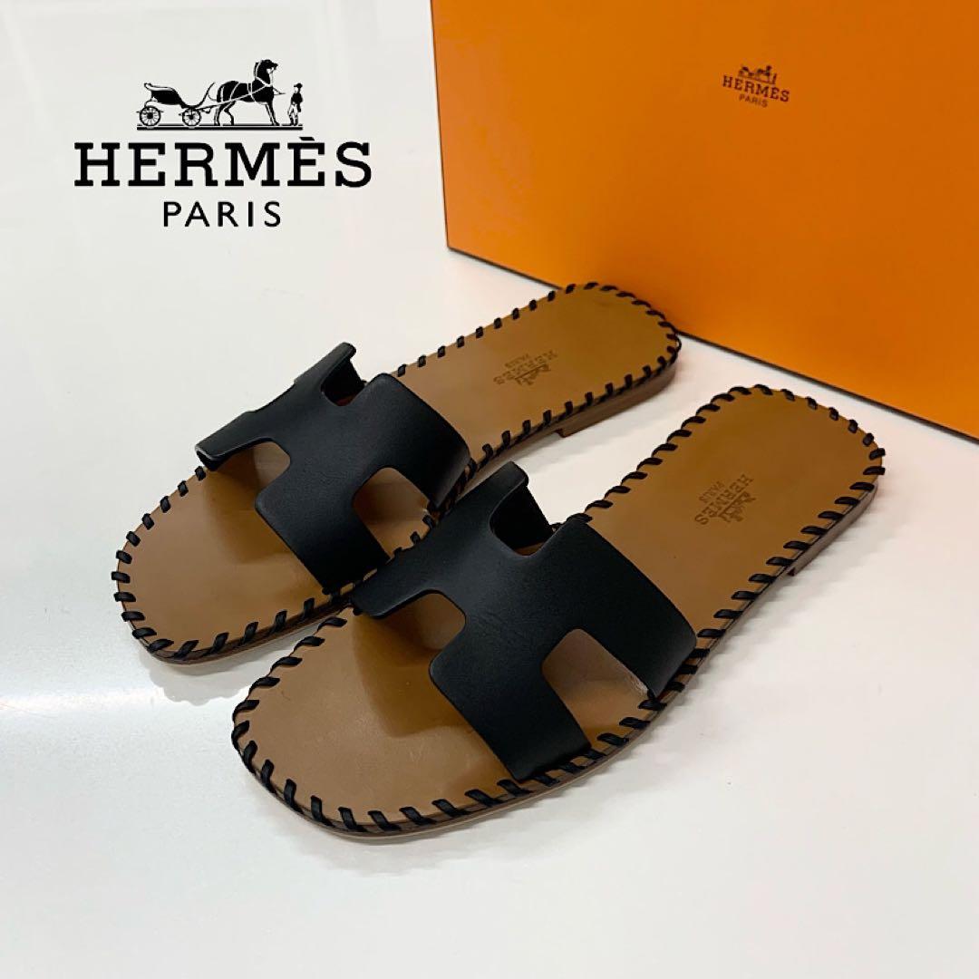 Hermes Oran Stitch Leather Sandals Black