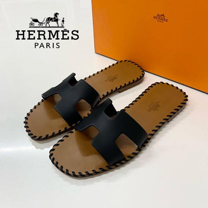 Hermes Oran Stitch Leather Sandals Black
