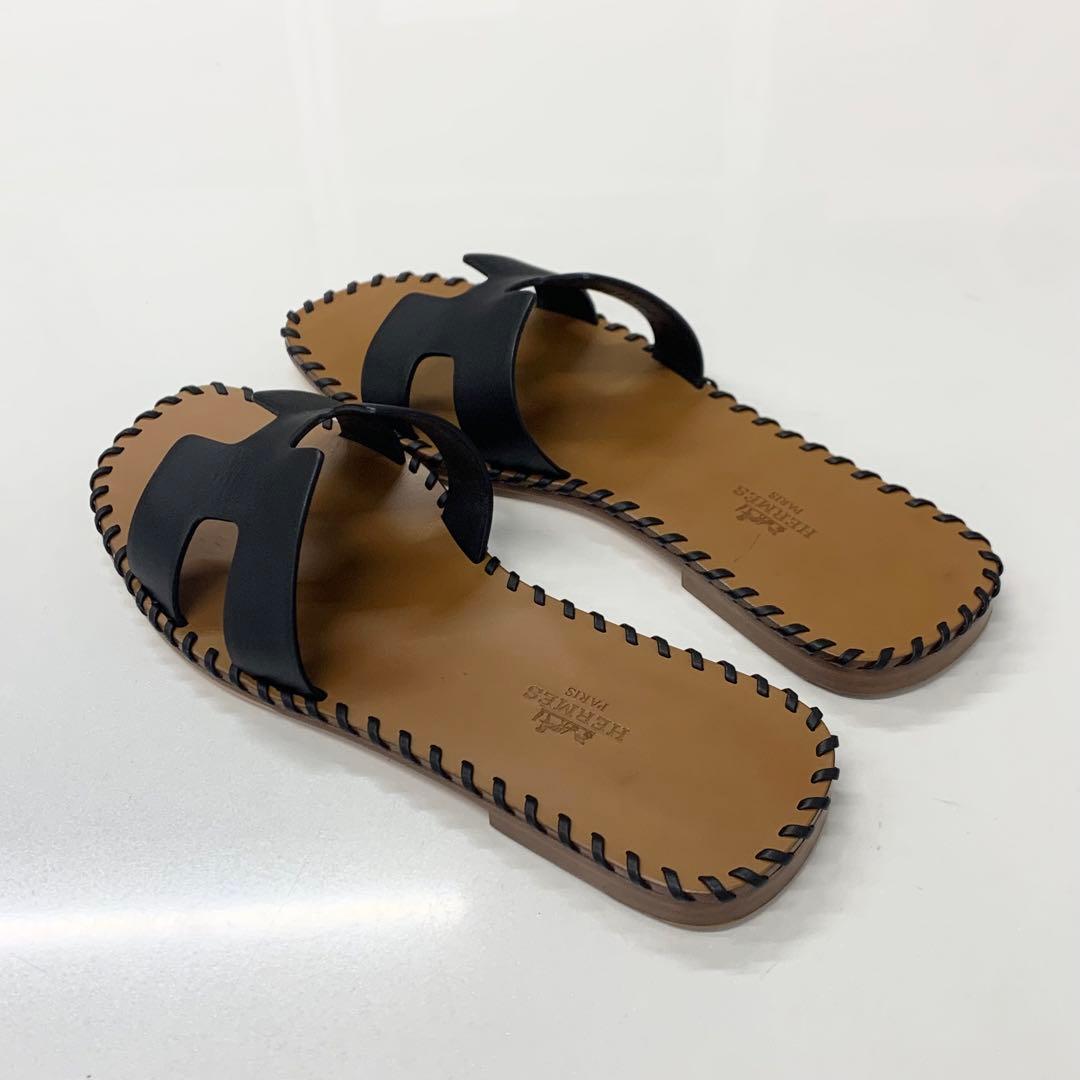 Hermes Oran Stitch Leather Sandals Black — view 4