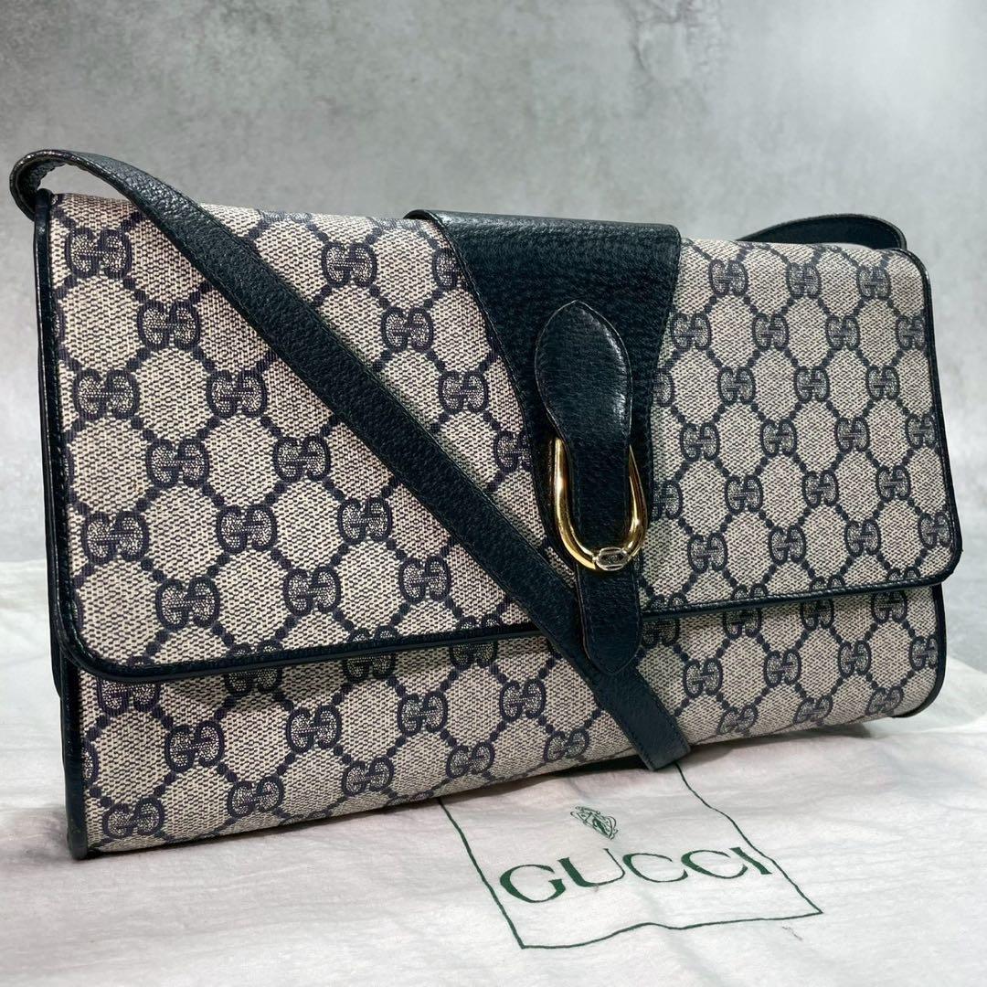 Gucci GG Shoulder Bag Navy Beige Logo Leather
