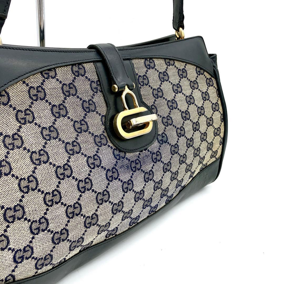 Gucci One Shoulder Bag Navy GG Canvas Gold Hardware