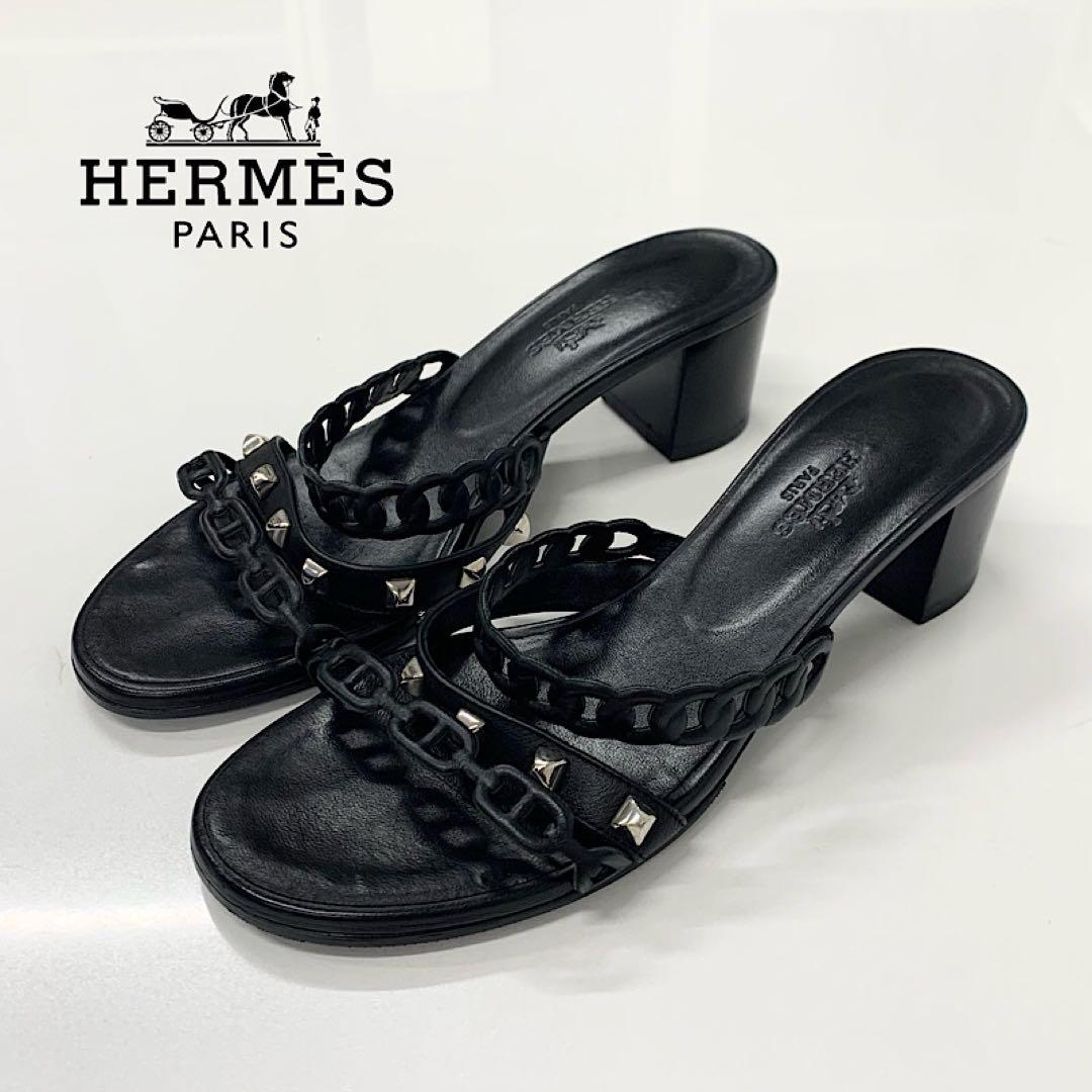 Hermes Aggaccio Leather Chaine D'ancre Studs Sandals Black