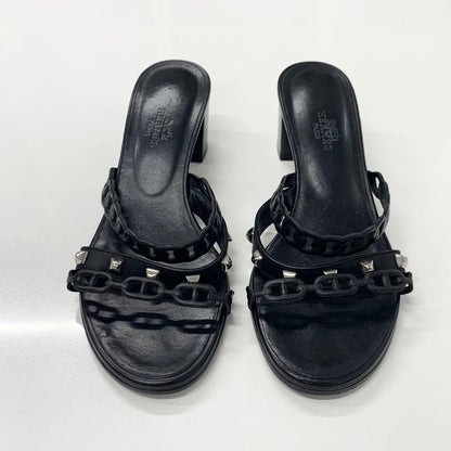 Hermes Aggaccio Leather Chaine D'ancre Studs Sandals Black — view 2