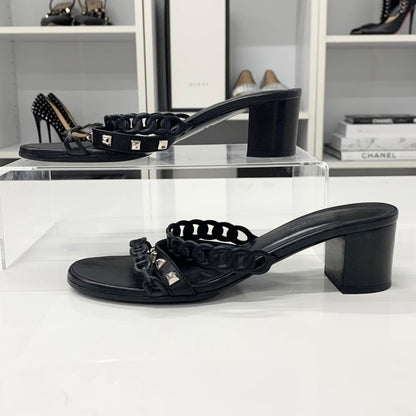 Hermes Aggaccio Leather Chaine D'ancre Studs Sandals Black — view 3