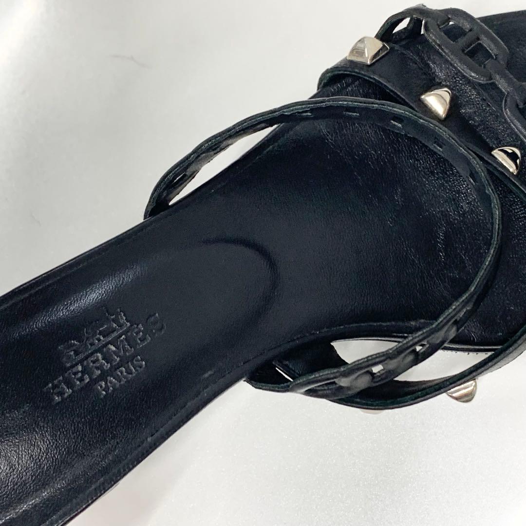 Hermes Aggaccio Leather Chaine D'ancre Studs Sandals Black — view 7
