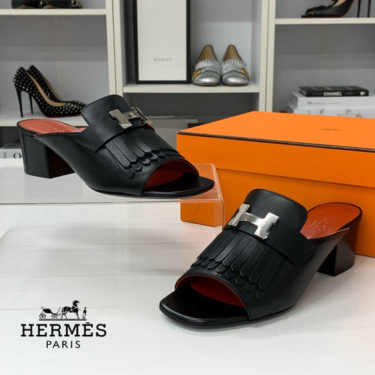 Hermes Alma Leather Constance Fringe Sandals Black