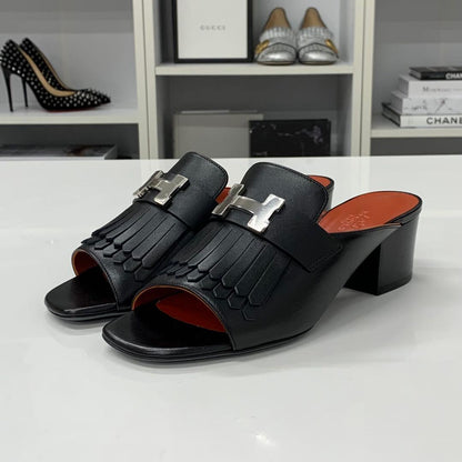 Hermes Alma Leather Constance Fringe Sandals Black — view 3