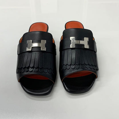 Hermes Alma Leather Constance Fringe Sandals Black — view 4