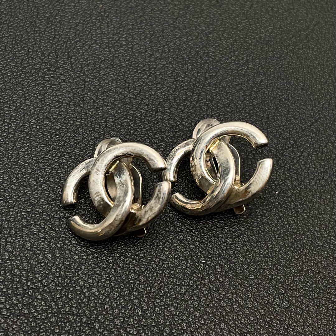 Chanel CC Logo Earrings Silver Twisted Icon Coco