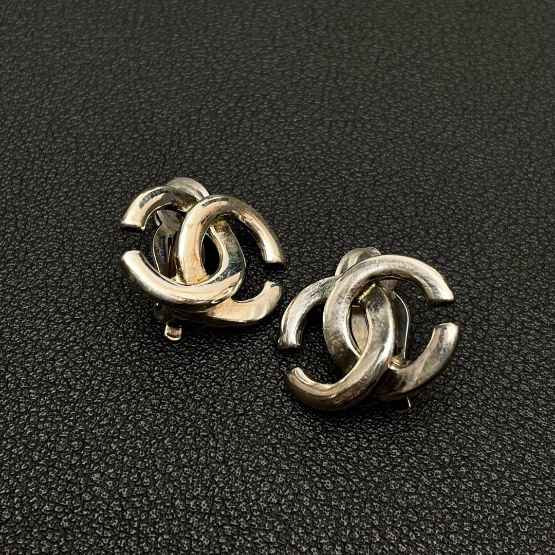 Chanel CC Logo Earrings Silver Twisted Icon Coco