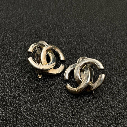 Chanel CC Logo Earrings Silver Twisted Icon Coco